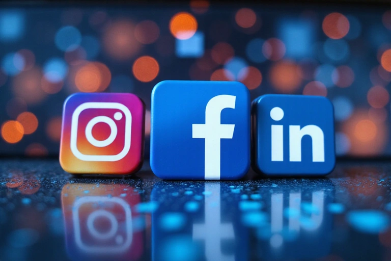 Ikony mediów społecznościowych na tle nowoczesnego biurka, symbolizujące cyfrową obecność i łatwość komunikacji online.