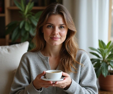 Woman looking calm and serene, enjoying a cup of herbal tea, representing relief from chronic illness symptoms and improved well-being.