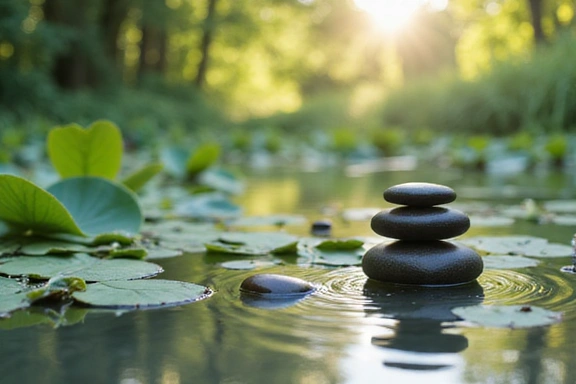 Elegancki obraz przedstawiający ajurwedyjskie symbole lub naturalne elementy, takie jak liście lotosu, kamienie, woda. Brak tekstu.