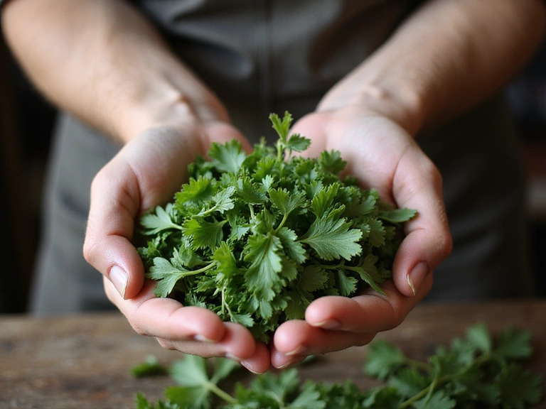 Ręce trzymające świeże zioła na tle rustykalnej kuchni, symbolizujące powrót do natury i tradycyjnych metod. Brak tekstu.